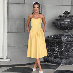 Strapless Midi Dress Polyester Spandex Satin Corset Waist Solid Yellow French Retro Elegant Summer Party Women