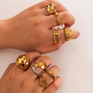 Stainless Steel Ring Irregular Chunky Geometric Wavy Gold Plated Textured Jewelry For Men Women Fashion Retro Style