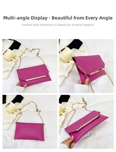 Detailed views of purple envelope evening clutch with gold chain and metal trim