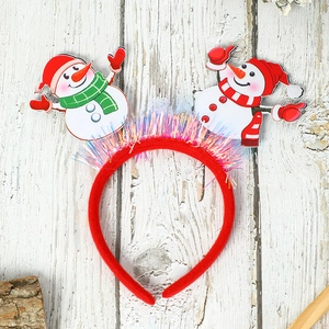 Detail of Christmas headband with cute cartoon snowmen and colorful laser fringe