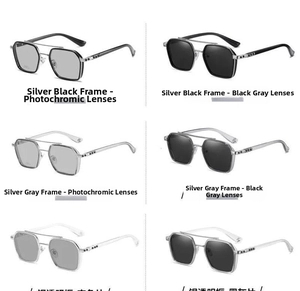 Detail view of square metal pilot sunglasses with photochromic and dark grey lens options