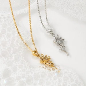 Elegant fairy wing pendant necklace with cubic zirconia in gold and silver finish