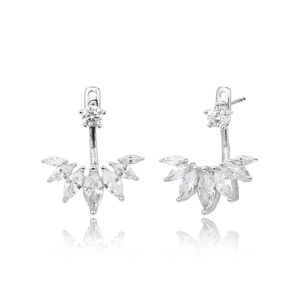 Elegant silver marquise-cut crystal jacket earrings with a polished finish on white background