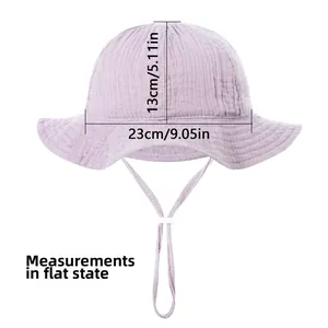Flat lay of purple cotton gauze sun hat showing detailed dimensions for toddlers
