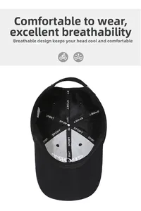 Detail view of the breathable inner lining and sweatband of the black baseball cap