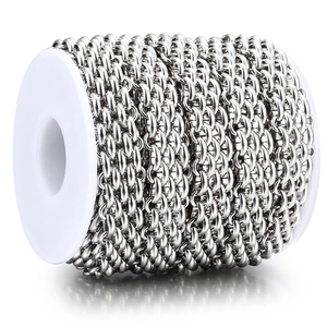 Silver stainless steel Cuban link chain roll for DIY jewelry making on white spool