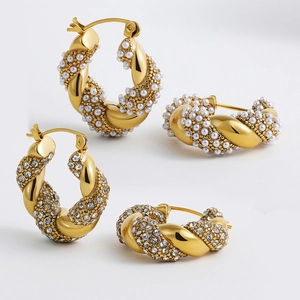 Chunky 18K gold plated hoop earrings set with micro pearls and sparkling rhinestones