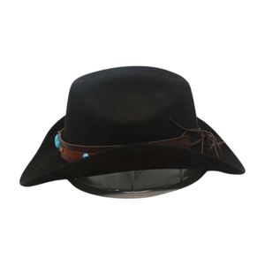 Close-up of black felt western cowboy hat with turquoise studded brown leather band