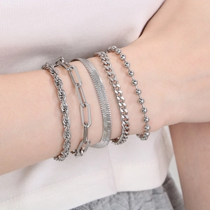 5-piece silver stainless steel layered bracelet set with rope and snake chain styles