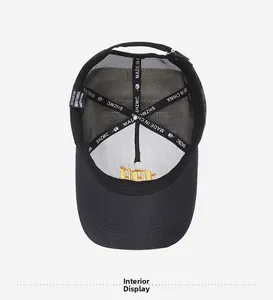 Detailed interior view of a black mesh baseball cap showing branded seams and quality stitching