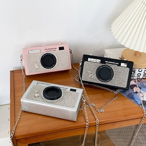 Creative camera-shaped crossbody bag with rhinestones and metal chain in three colors