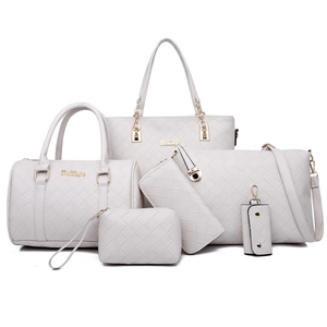 White woven 6-piece handbag set featuring a tote and crossbody bags with gold hardware