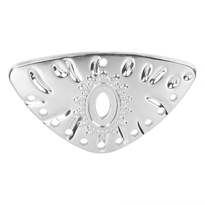 Macro detail of silver stainless steel fan-shaped charm with hollow embossed patterns
