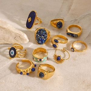 Vintage gold stainless steel rings with blue natural stones and evil eye enamel charms