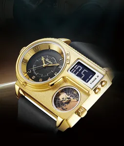 Detail of Oulm golden oversized dual-time watch with world map texture and black dial