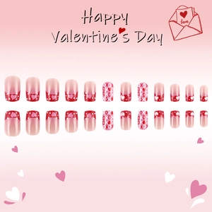 Short square press-on nails with red French tips and Valentine hearts, 24 pieces set