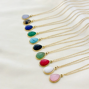 18k gold plated stainless steel necklaces featuring teardrop natural stone pendants in ten colors