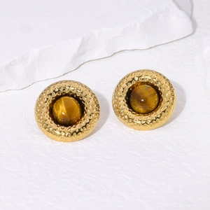 Vintage Round Hammered Gold Plated Stainless Steel Stud Earrings With Tiger Eye Stone And Marble Texture For Women