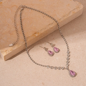 Elegant 2-piece jewelry set with pink pear-shaped zircon stones and silver metal base