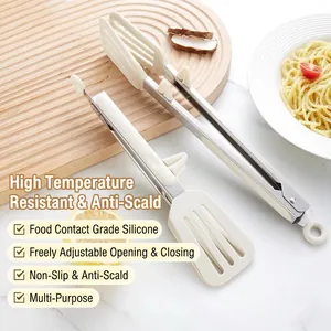 Kitchen Food Tongs Silicone And Stainless Steel Heat Resistant Non-Stick Locking Clip BBQ Serving For Steak With Stand