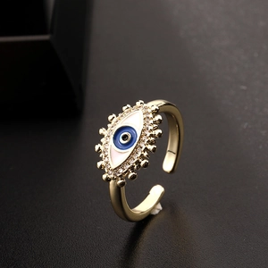 Adjustable evil eye ring with blue enamel and white zircons in golden finish