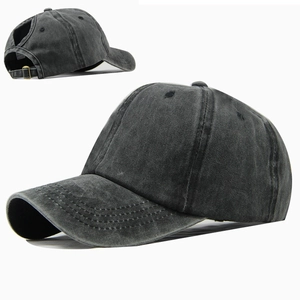 Washed cotton ponytail baseball cap in dark grey with adjustable back opening