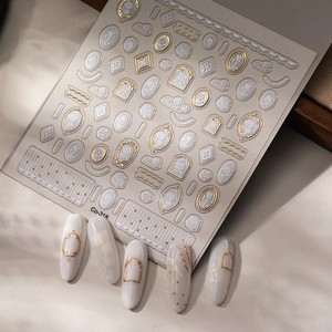 French style 3D embossed nail art stickers with ivory rose and gold frame patterns