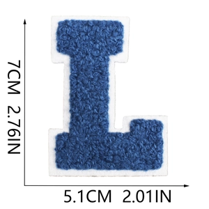 Close-up of blue chenille letter L embroidery patch with white felt edge and 7cm size detail