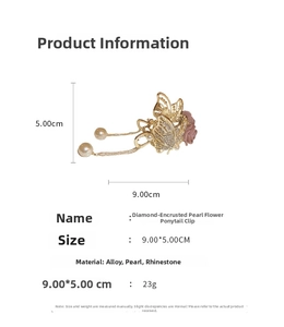 Detail view showing dimensions of floral hair claw clip with pearls and rhinestones