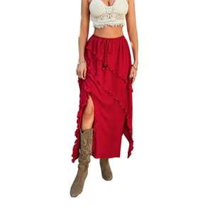 Red high-waist midi skirt with drawstring tie and ruffled hem details in resort style