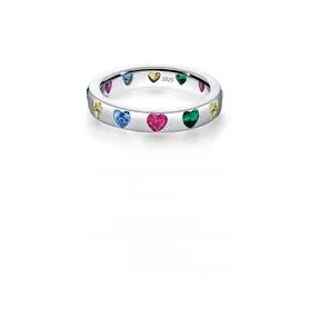 Macro detail of S925 silver ring featuring multi-colored heart-shaped gemstones