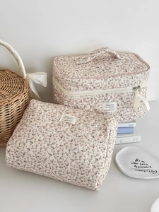 Quilted floral corduroy makeup bag set with top handle and vintage floral patterns