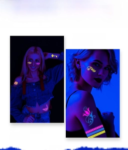 UV glow neon tattoos with flower and heart designs shown under blacklight at a party