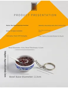 Macro shot of 4cm miniature blue and white porcelain bowl keychain with red bean dessert model