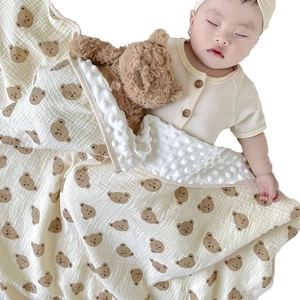 Soft minky baby blanket with cute brown bear prints and warm waffle gauze texture
