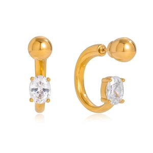 Classic 18K gold plated stainless steel C-hoop earrings with oval cubic zirconia stones