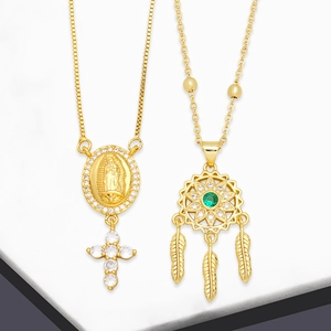 Virgin Mary Cross Dreamcatcher Pendant Necklace Copper Gold Plated Zircon Bohemian Vintage Religious Jewelry Women