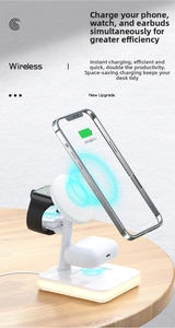 Three-in-one wireless charging station for smartphone, watch and earbuds with ambient light