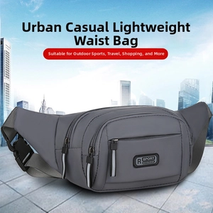 Detailed view of gray waterproof waist bag with multiple zipper pockets and R SPORT logo