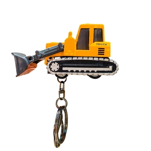 Mini yellow excavator keychain toy with metal ring for bags and car keys
