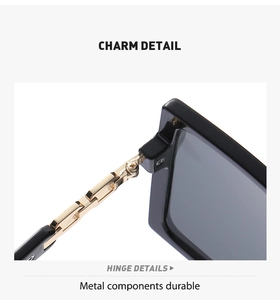 Detail view of durable gold metal hinge on fashion sunglasses with black frame