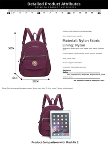 Size chart for purple nylon backpack showing 23x30x10cm dimensions and iPad scale