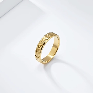 Detail of 18K gold plated stainless steel tulip ring featuring intricate leaf texture