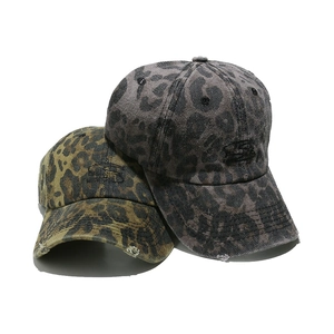 Distressed leopard print baseball cap with embroidered S logo in brown and gray colors