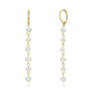 Detail of S925 silver gold-plated long drop earrings with 8 white pearls per side