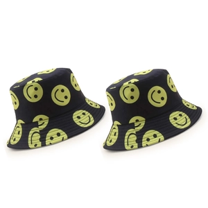Cappello a secchiello nero in tela con motivi smiley giallo neon e tesa larga
