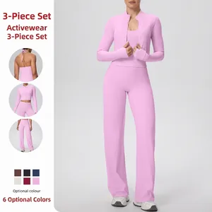 Γυναικείο Slim Fit Μακρυμάνικο Ζακέτα Ραβδωτό Τοπ Ψηλόμεσο Παντελόνι με Φαρδύ Μπατζάκι Πάνω και Κάτω Ρούχα Γιόγκα Fitness