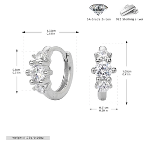 Detailed S925 sterling silver hoop earrings dimensions with 5A zircon inlay and 1.75g weight
