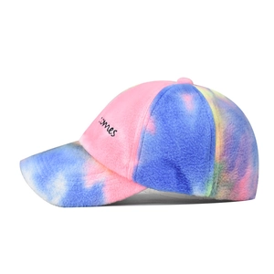 Fuzzy tie-dye lamb wool baseball cap with comes embroidery and colorful gradient finish