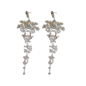 Sparkling silver needle drop earrings with long rhinestone tassels and pear-shaped crystals